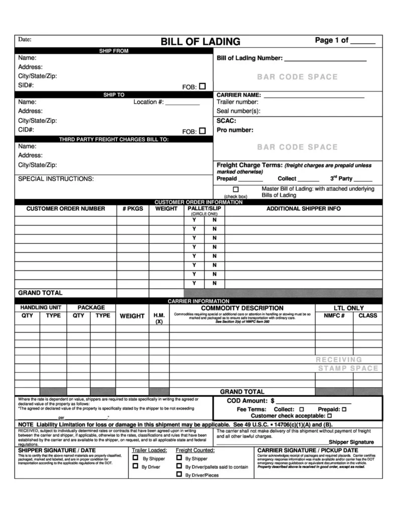 Bill of lading example